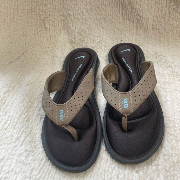 Nike Comfort Cushioned Footbed Khaki,brown & mint blue Thong Sandals SZ10 - Picture 3 of 10